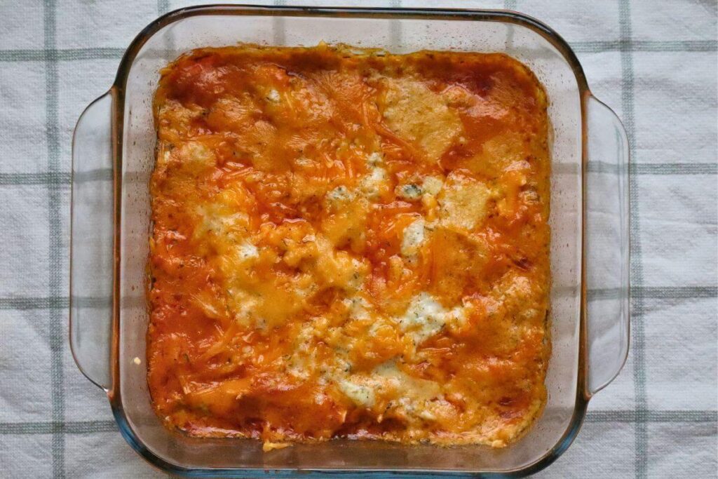 8x8 pan filled with creamy buffalo chicken dip