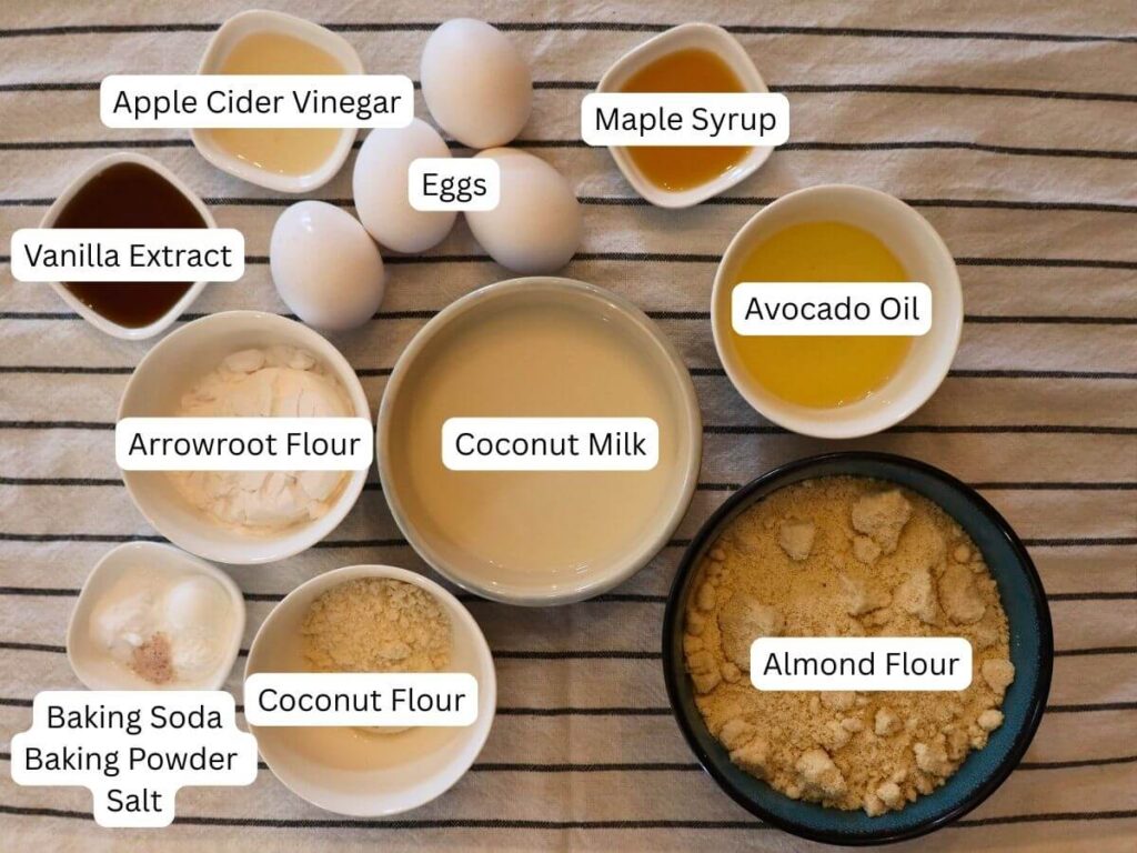Almond flour pancake ingredients in individual bowls