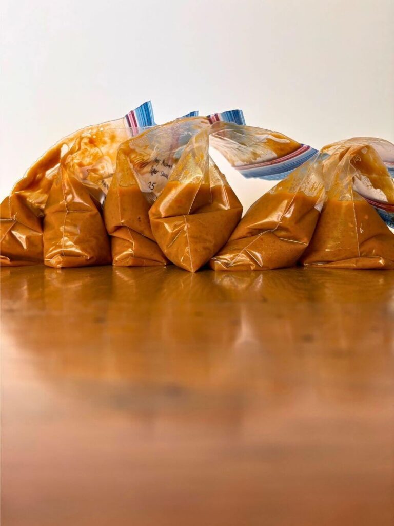 Homemade Gluten-Free Sweet Banana Pepper Honey Mustard Sauce (No Flour Needed) 4 Ziplock bags of sweet banana pepper honey mustard sauce displayed on a table