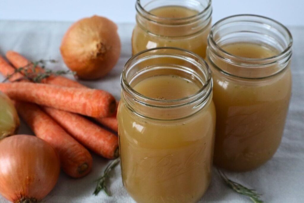 finished stovetop method beef bone broth and vegetables