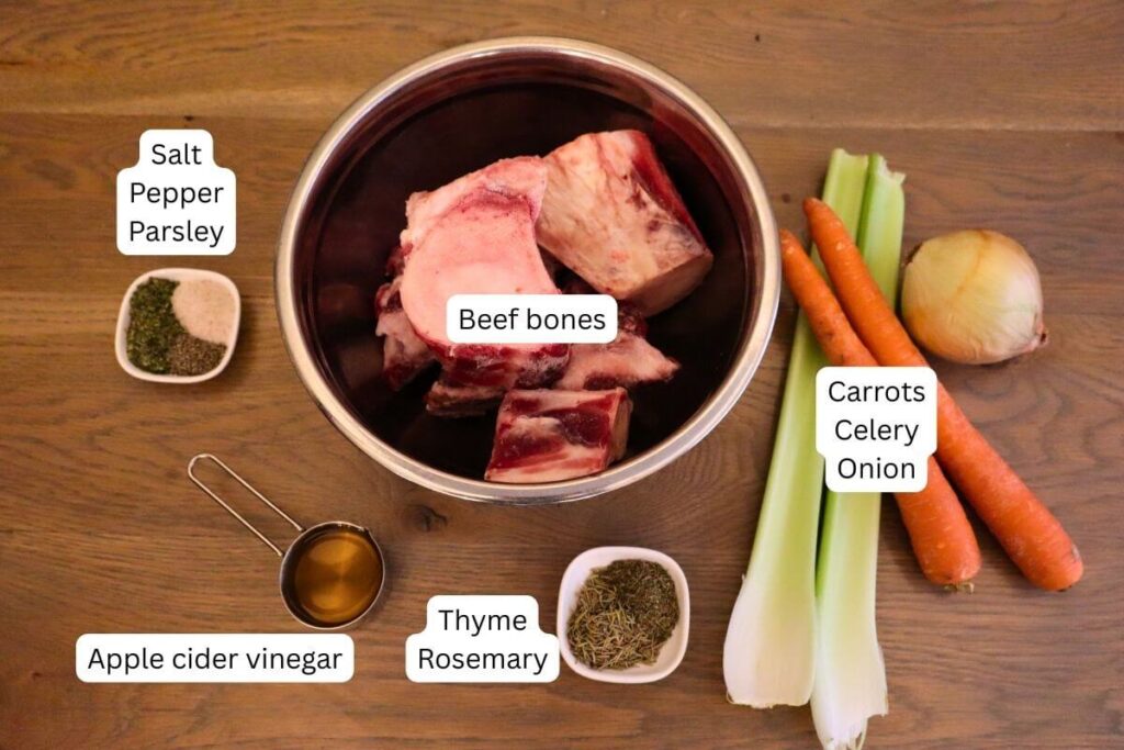 Individual ingredients for stovetop beef bone broth