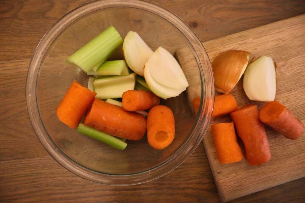 Chopped vegetables for stovetop beef bone broth