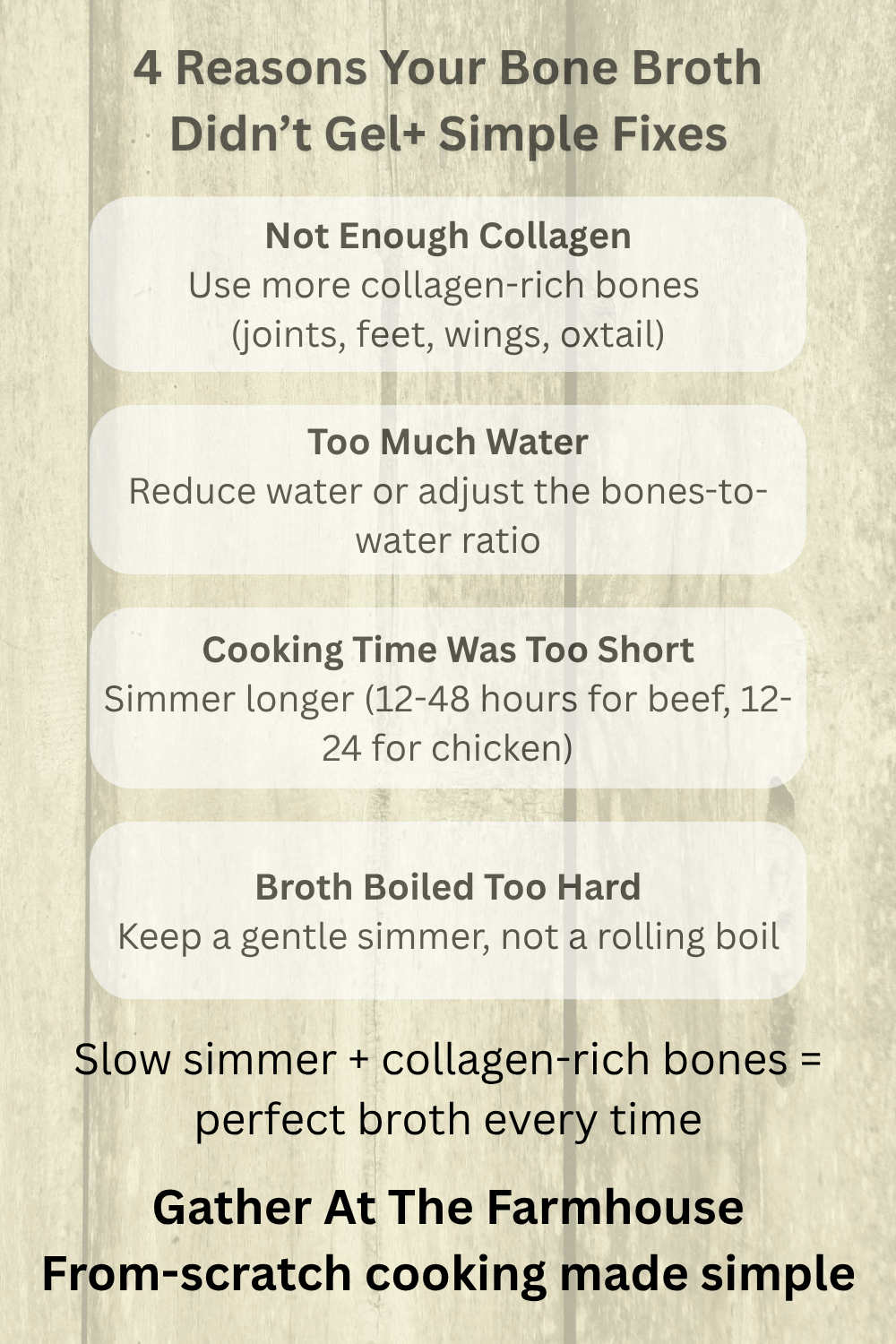infographic showing 4 reasons why done broth didn't gel and simple fixes for each problem