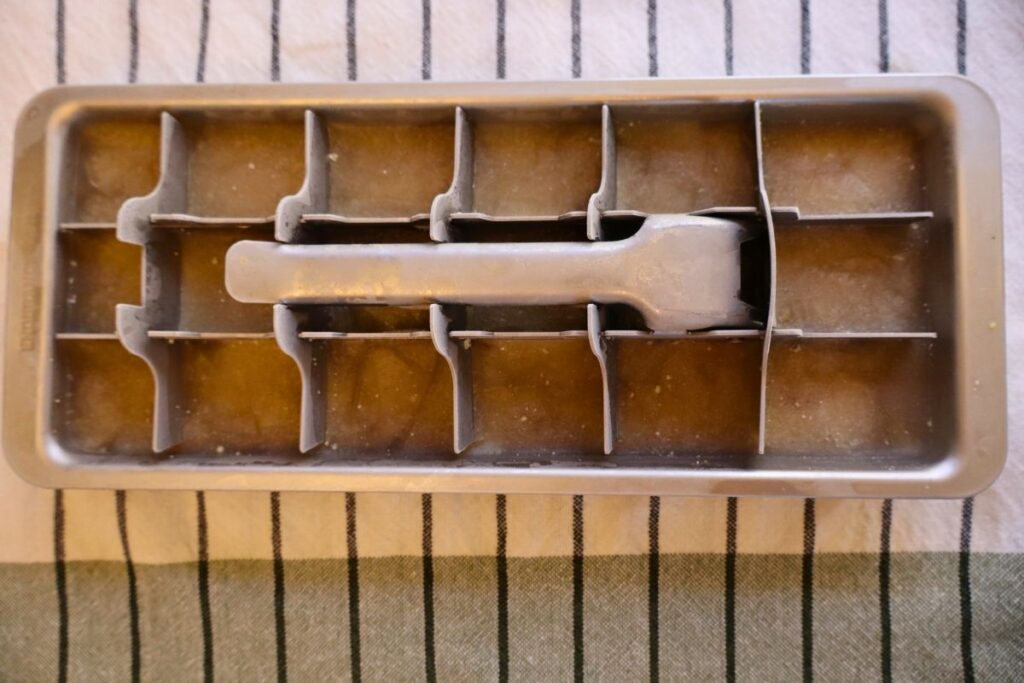 Stainless steel ice cube tray full of frozen chicken bone broth.