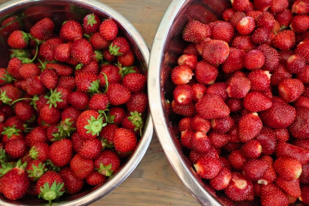 How to Freeze Strawberries (The Best Way to Preserve Fresh Berries) 9 Side-by-side comparison of whole fresh strawberries and hulled strawberries in separate bowls