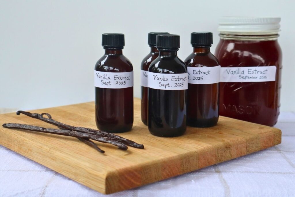 Large Batch Homemade Vanilla Extract Recipe with Vodka 4 Labeled and dated bottles of homemade vanilla extract with vanilla beans beside them