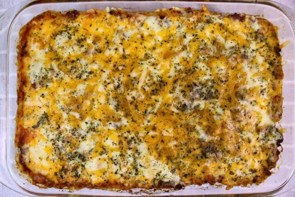 Easy Baked Gluten-Free Chili Mac 9 Baked gluten-free chili mac casserole with golden, bubbly melted cheese on top