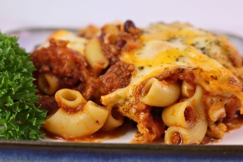Easy Baked Gluten-Free Chili Mac 1 Plated gluten-free chili mac garnished with fresh parsley