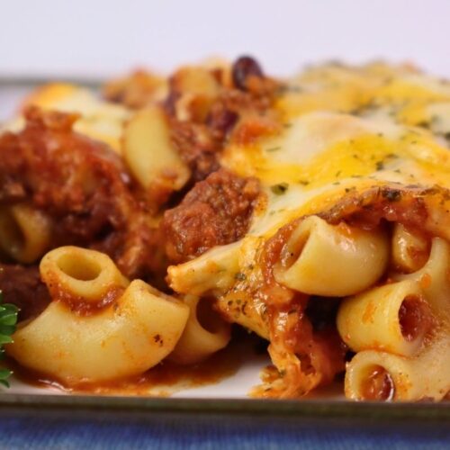 Easy Baked Gluten-Free Chili Mac 13 Plated gluten-free chili mac garnished with fresh parsley