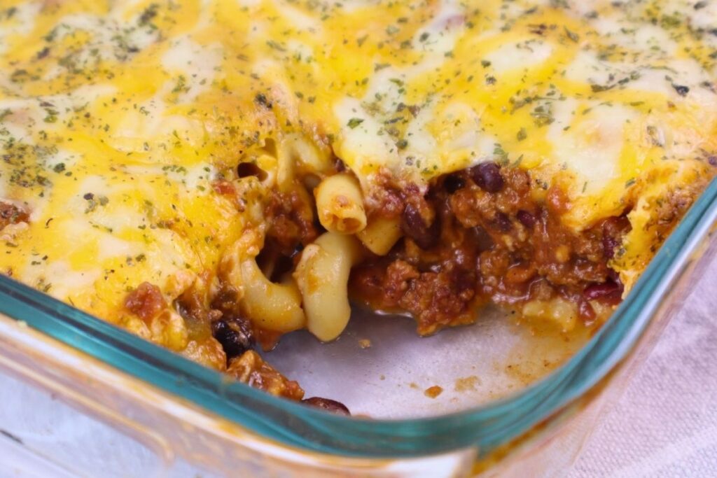 Easy Baked Gluten-Free Chili Mac 12 Close-up of gluten-free chili mac showing macaroni, beans, and meat sauce inside the baking dish