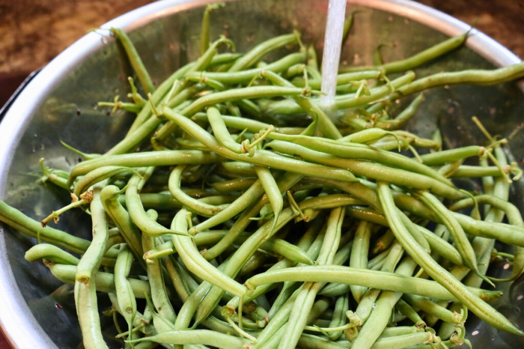 How to Freeze Fresh Green Beans From the Garden 6 Fresh green beans being rinsed under running water in a metal colander
